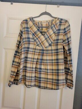 Ruffhewn Blue, Tan, Peach Plaid Tunic Blouse Women's Size Medium Roll Tab Sleeve